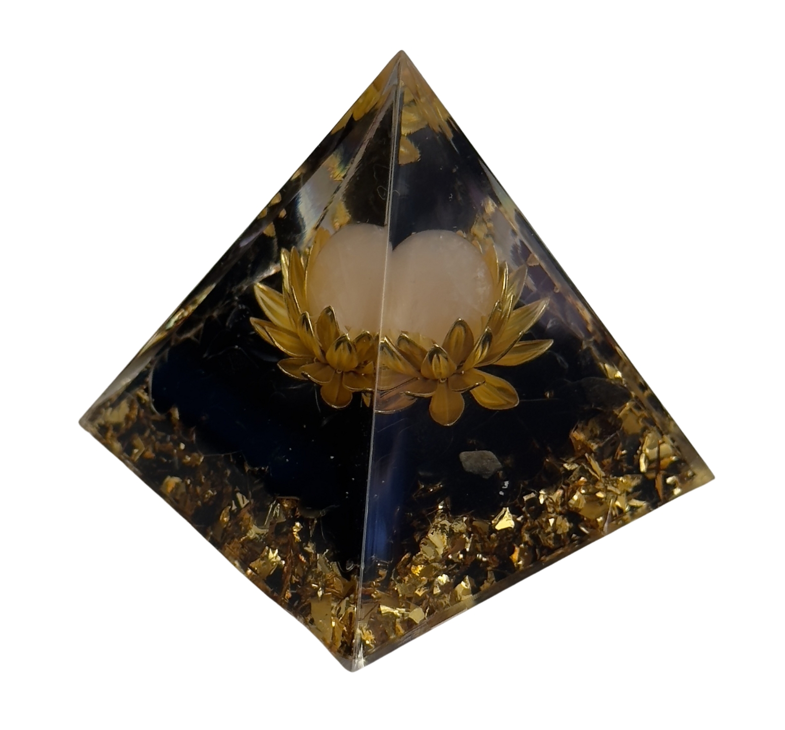 Pyramide d'Orgonite avec Quartz Cristal et Fleur de Lotus