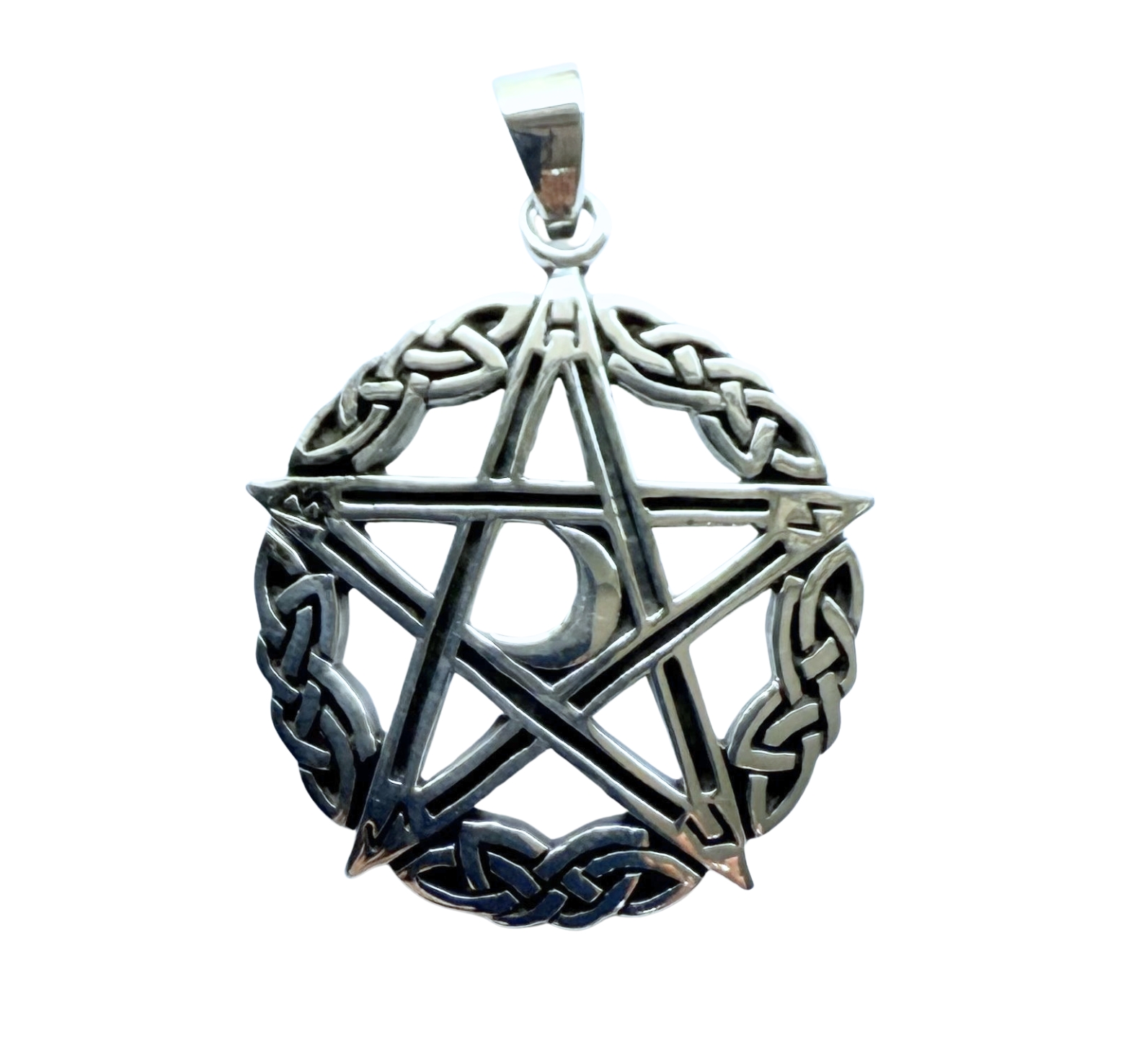 Pendentif Étoile à 5 branches avec nœuds celtiques et lune en argent