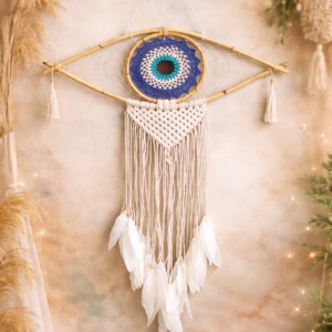 Atrapasueños artesanal – Decoración bohemia Macramé Mal de Ojo Azul / Blanco / Negro