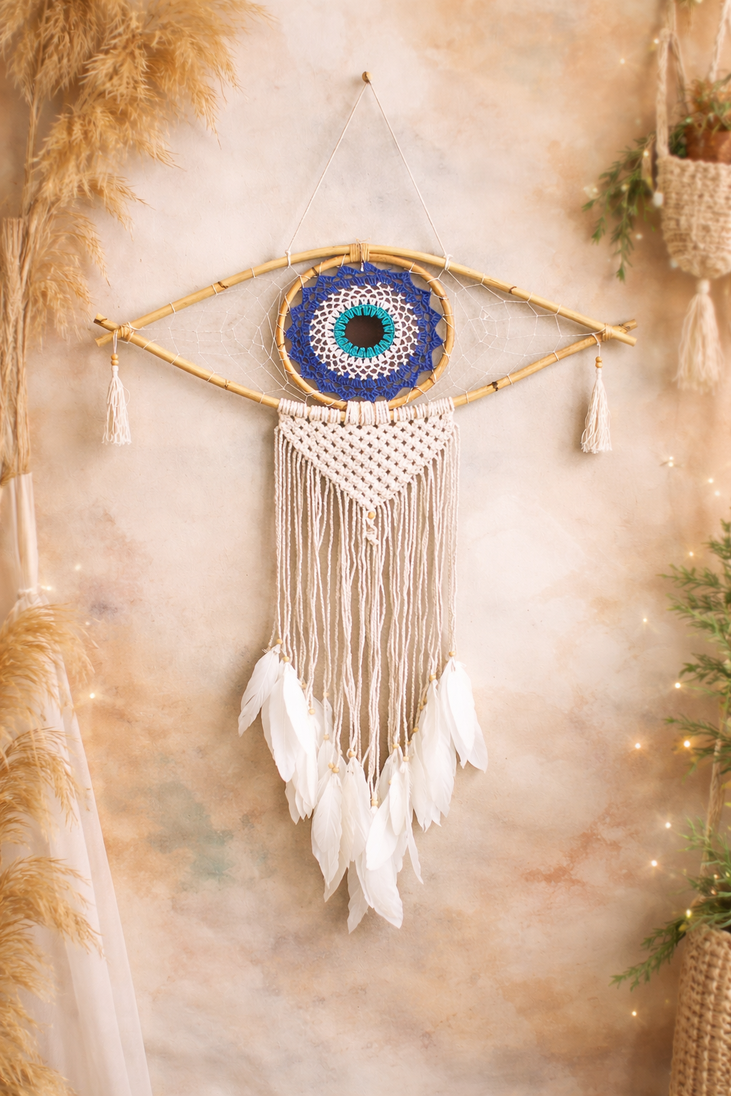 Handmade dreamcatcher - Bohemian Macramé Decoration Evil Eye Blue / White / Black