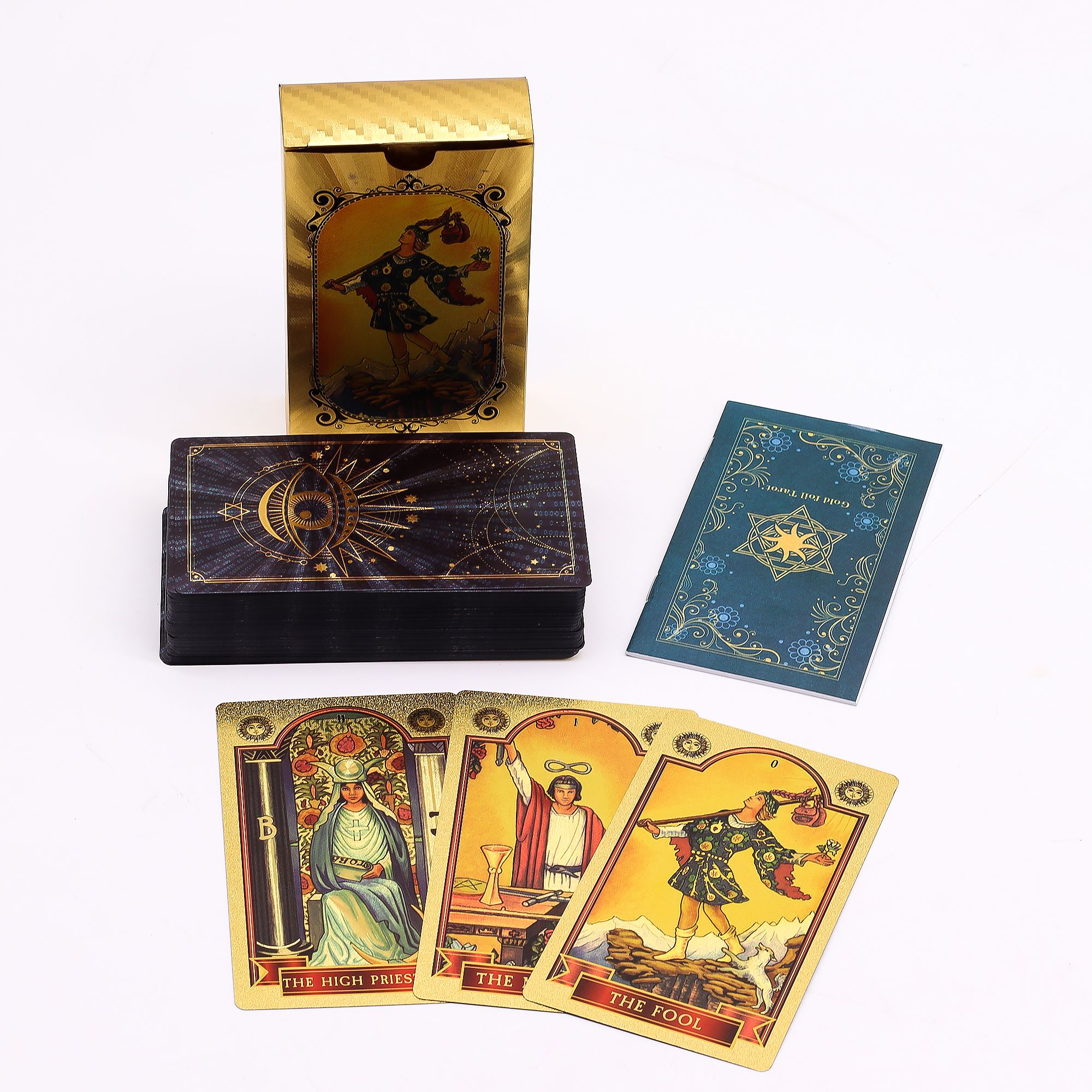 Conjunto de cartas de tarot con foil azul y dorado - Ojo que todo lo ve - con folleto